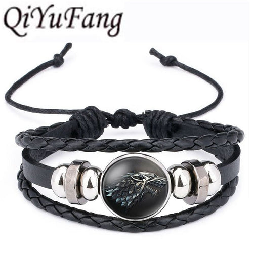 QiYuFang Game of Thrones Leather Bracelet House Stark Jewelry Black Multilayers Weave Charm Bracelets for Women Men