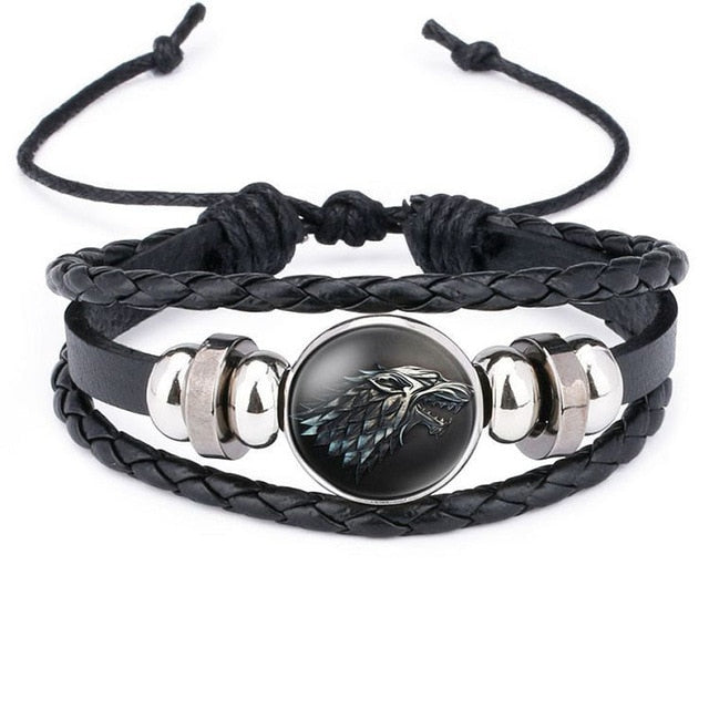 QiYuFang Game of Thrones Leather Bracelet House Stark Jewelry Black Multilayers Weave Charm Bracelets for Women Men