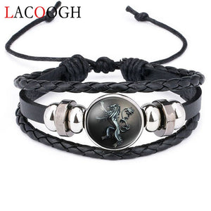 lacoogh New Ethnic Brown Retro Leather Bracelets for Men Women Game of Thrones Multiple Layers Badge Charms Men Bangles Fashion