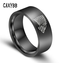 Load image into Gallery viewer, Gold Black Color Silver Stainless Steel Men Game Ring of Thrones House Stark Winterfell Wolf Ice Men Rings For Women Men