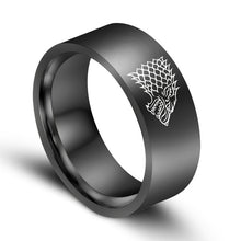 Load image into Gallery viewer, Gold Black Color Silver Stainless Steel Men Game Ring of Thrones House Stark Winterfell Wolf Ice Men Rings For Women Men