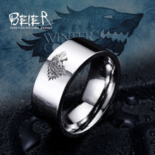 Load image into Gallery viewer, Stainless Steel ring Game of Thrones ice wolf House Stark of Winterfell men ring Laser engraved Viking Wolf Ring LUO001