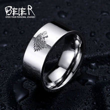 Load image into Gallery viewer, Stainless Steel ring Game of Thrones ice wolf House Stark of Winterfell men ring Laser engraved Viking Wolf Ring LUO001