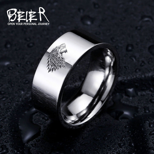 Stainless Steel ring Game of Thrones ice wolf House Stark of Winterfell men ring Laser engraved Viking Wolf Ring LUO001