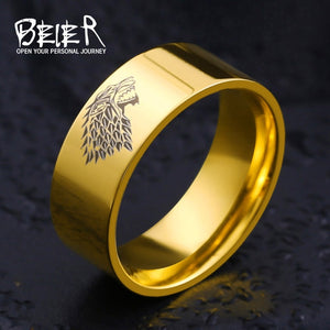 Stainless Steel ring Game of Thrones ice wolf House Stark of Winterfell men ring Laser engraved Viking Wolf Ring LUO001