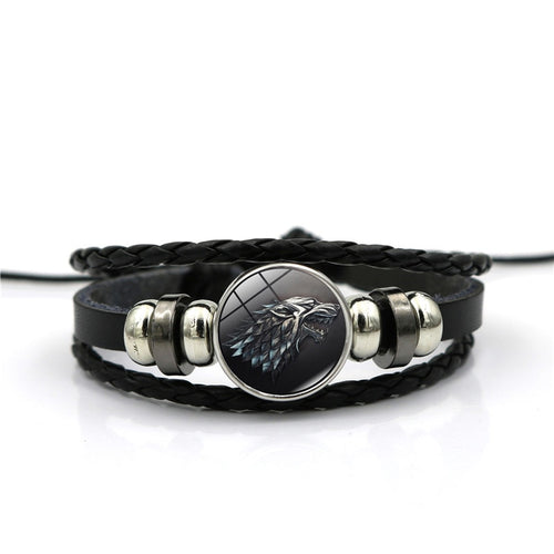 Game of Thrones House Stark Wolf Glass Cabochon Leather Bracelets Multi Layers Weave Handmade Punk Black Men Bracelets