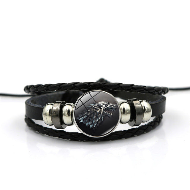 Game of Thrones House Stark Wolf Glass Cabochon Leather Bracelets Multi Layers Weave Handmade Punk Black Men Bracelets