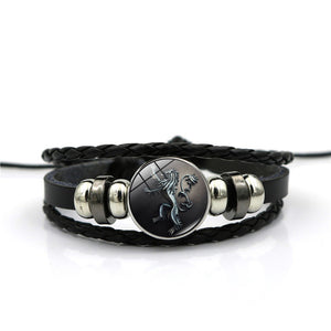 Game of Thrones House Stark Wolf Glass Cabochon Leather Bracelets Multi Layers Weave Handmade Punk Black Men Bracelets