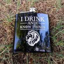 Load image into Gallery viewer, Game of Thrones &quot;I Drink and I Know Things&quot; Black &amp; Red 6oz Powder Coated 304 grade stainless steel Hip Flask Laser Engraved