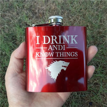 Load image into Gallery viewer, Game of Thrones &quot;I Drink and I Know Things&quot; Black &amp; Red 6oz Powder Coated 304 grade stainless steel Hip Flask Laser Engraved