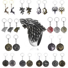 Load image into Gallery viewer, HOT Game of Thrones Keychain set House Stark Wolf Head series Key rings High quality Targaryen Dragon Alloy pendant men jewelry