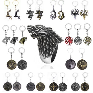 HOT Game of Thrones Keychain set House Stark Wolf Head series Key rings High quality Targaryen Dragon Alloy pendant men jewelry