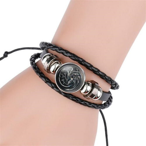 Hot New Game of Thrones Bracelet Cosplay Costumes Badge Stark Direwolf 9 Family Logo Black Gem Leather Bracelet Small Gift