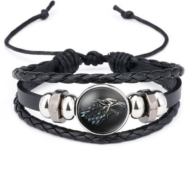 Hot New Game of Thrones Bracelet Cosplay Costumes Badge Stark Direwolf 9 Family Logo Black Gem Leather Bracelet Small Gift