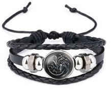 Load image into Gallery viewer, Hot New Game of Thrones Bracelet Cosplay Costumes Badge Stark Direwolf 9 Family Logo Black Gem Leather Bracelet Small Gift