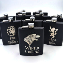 Load image into Gallery viewer, Game of Thrones 6oz Powder Coated stainless steel Black Hip Flask Laser Engraved Winter is Coming