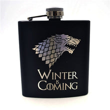 Load image into Gallery viewer, Game of Thrones 6oz Powder Coated stainless steel Black Hip Flask Laser Engraved Winter is Coming