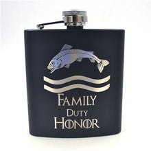 Load image into Gallery viewer, Game of Thrones 6oz Powder Coated stainless steel Black Hip Flask Laser Engraved Winter is Coming