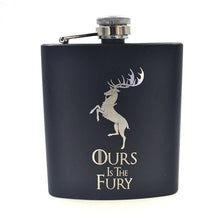 Load image into Gallery viewer, Game of Thrones 6oz Powder Coated stainless steel Black Hip Flask Laser Engraved Winter is Coming