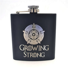 Load image into Gallery viewer, Game of Thrones 6oz Powder Coated stainless steel Black Hip Flask Laser Engraved Winter is Coming