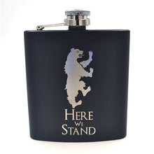 Load image into Gallery viewer, Game of Thrones 6oz Powder Coated stainless steel Black Hip Flask Laser Engraved Winter is Coming