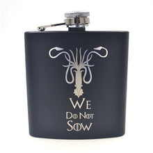 Load image into Gallery viewer, Game of Thrones 6oz Powder Coated stainless steel Black Hip Flask Laser Engraved Winter is Coming