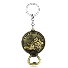 Load image into Gallery viewer, RJ Game of Thrones Keychain House Stark Wolf Beer Open Key Chains A Song Of Ice And Fire Targaryen Dragon Keyring Souvenirs Gift