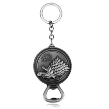 Load image into Gallery viewer, RJ Game of Thrones Keychain House Stark Wolf Beer Open Key Chains A Song Of Ice And Fire Targaryen Dragon Keyring Souvenirs Gift