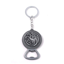 Load image into Gallery viewer, RJ Game of Thrones Keychain House Stark Wolf Beer Open Key Chains A Song Of Ice And Fire Targaryen Dragon Keyring Souvenirs Gift